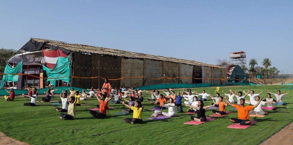 Morning yoga on the lawn