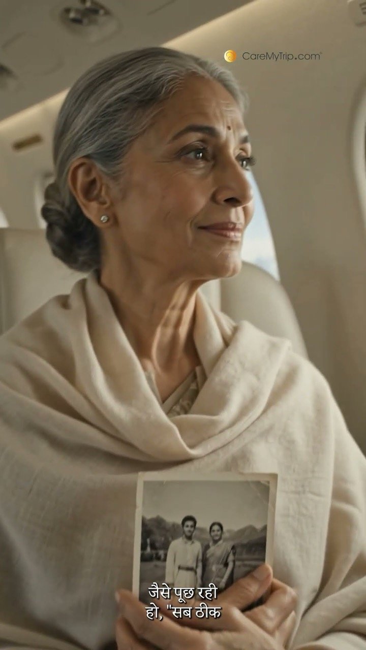 An elderly woman by an aircraft window holding an old photograph of a couple
