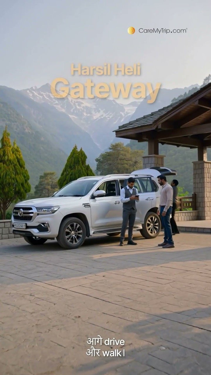 A white SUV outside a mountain hotel porch under pine trees, captioned Harsil Heli Gateway
