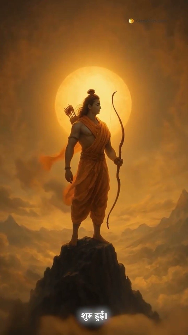 Shri Ram with his bow standing on a rock against a golden sun