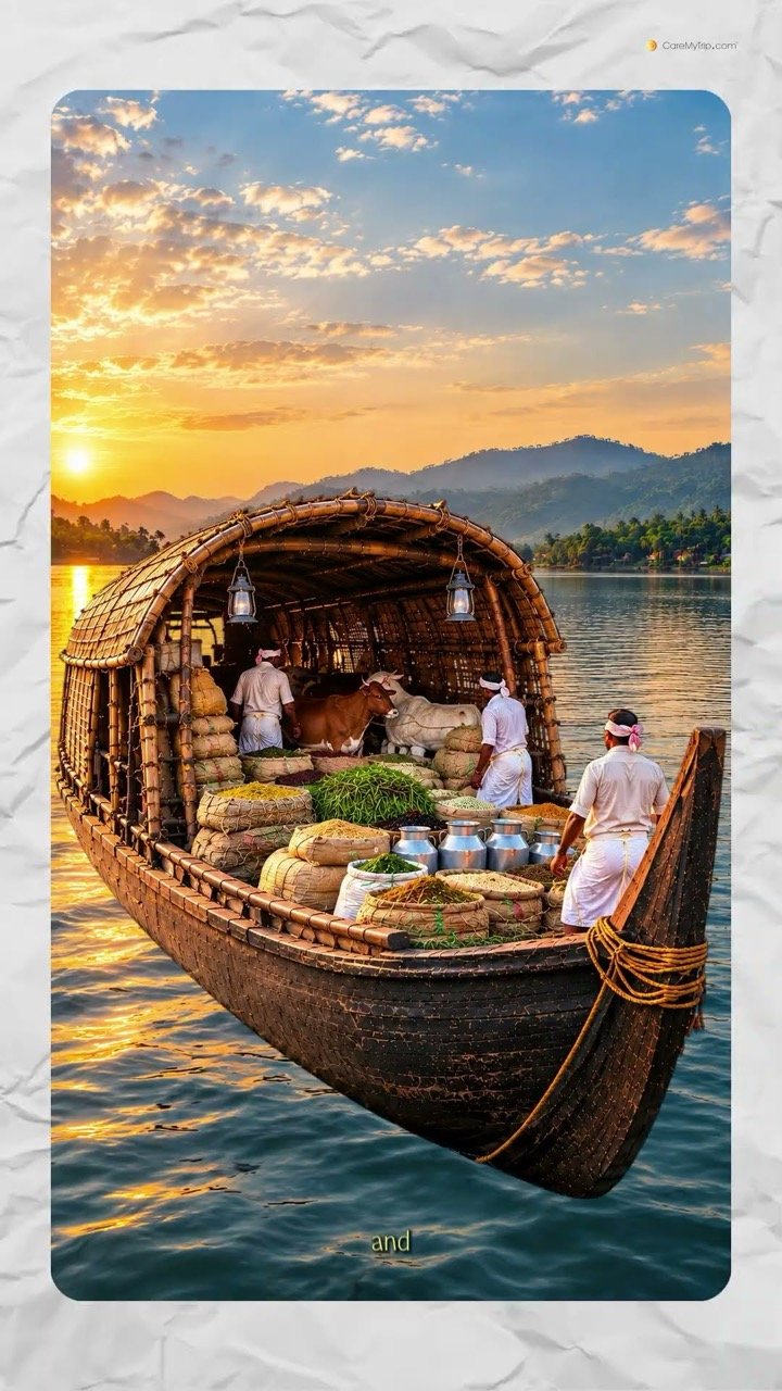 A wooden kettuvallam loaded with sacks of rice and spices on the Kerala backwaters at sunset